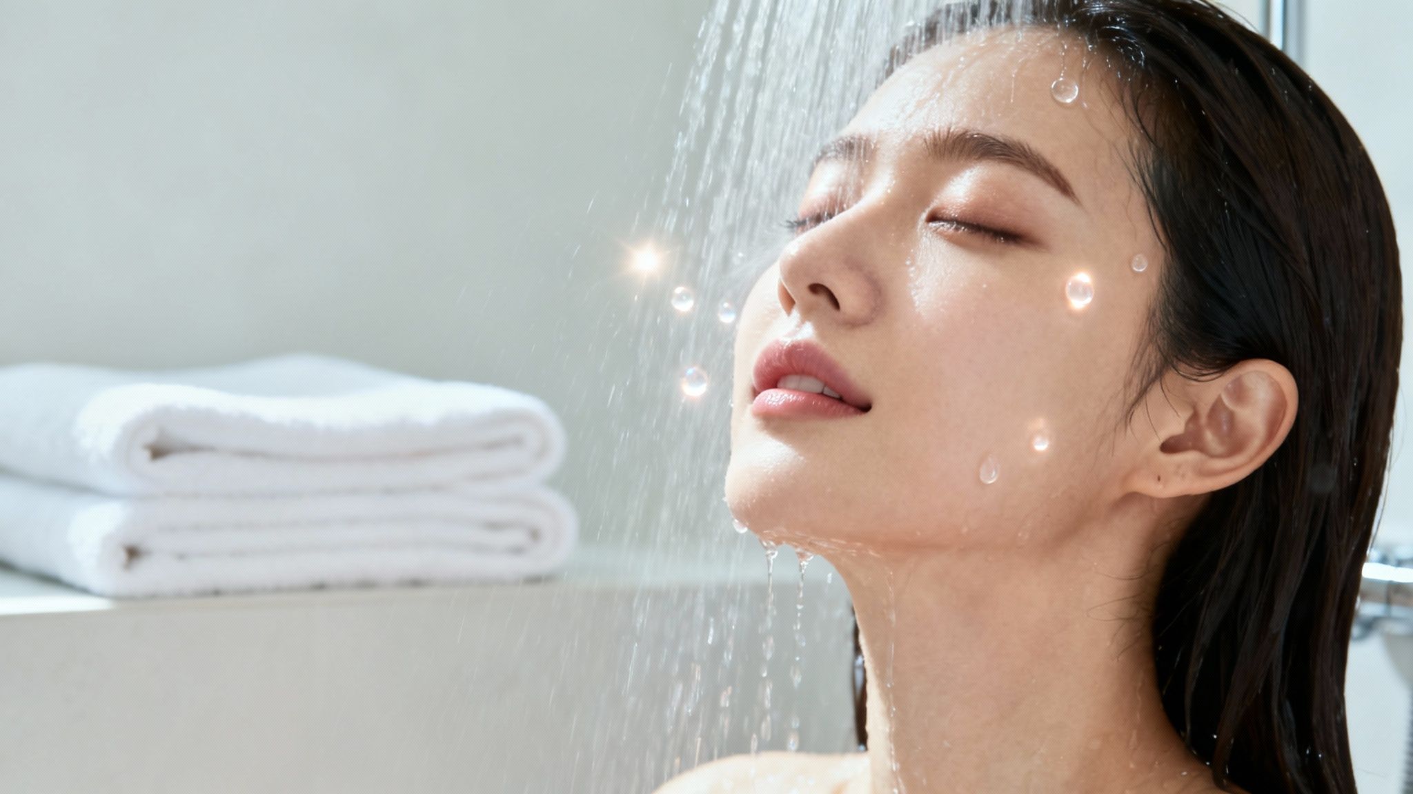 Une femme aux cheveux longs profitant d'une douche dans une salle de bain épurée et lumineuse.