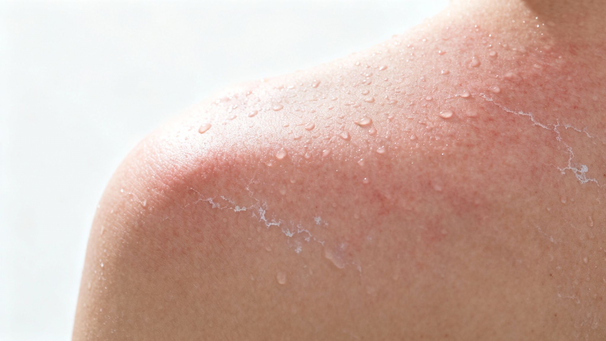 Une femme touchant doucement sa peau après la douche, illustrant le confort cutané.