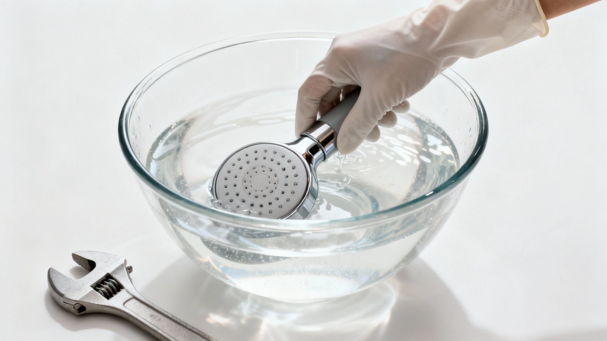 Une personne nettoyant un pommeau de douche avec une brosse dans une salle de bain moderne.