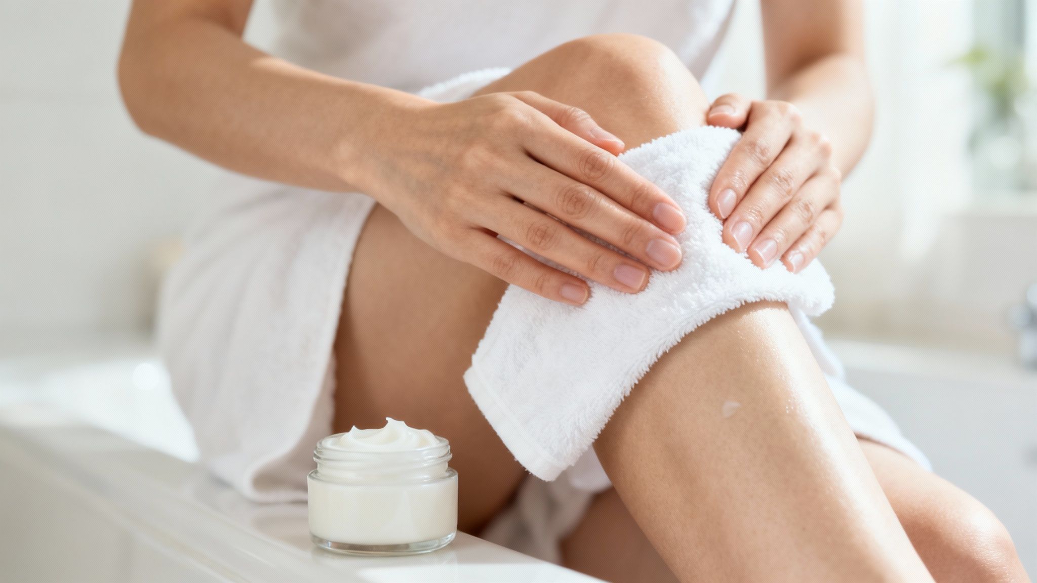 Une personne appliquant de la crème hydratante sur sa peau après la douche.