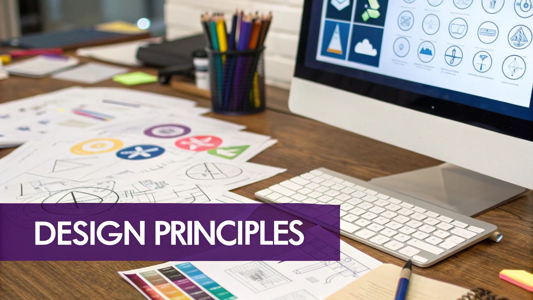 A collection of colorful and simple icons displayed on a design grid, showcasing variety in shape and style.