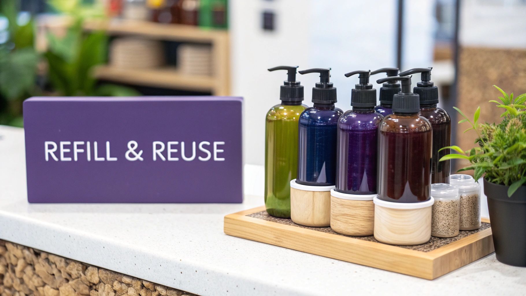 Woman refilling a sustainable beauty product bottle.