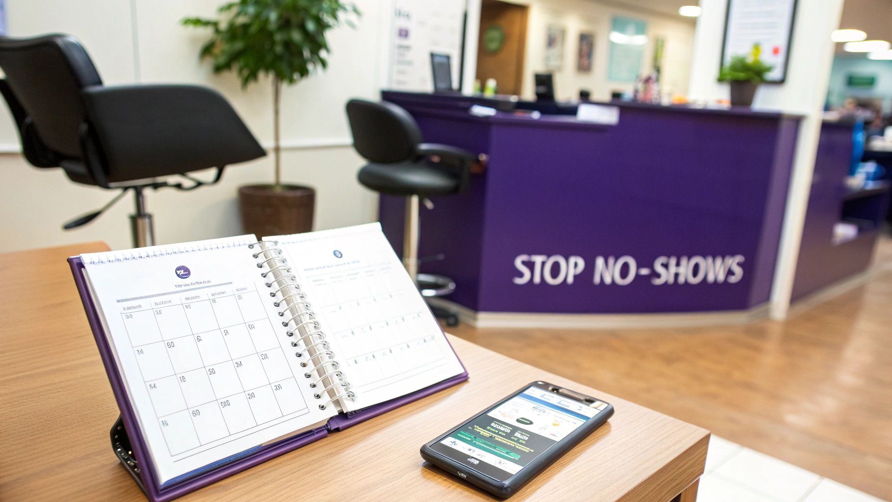 A person holding a smartphone showing an appointment confirmation text message on the screen.