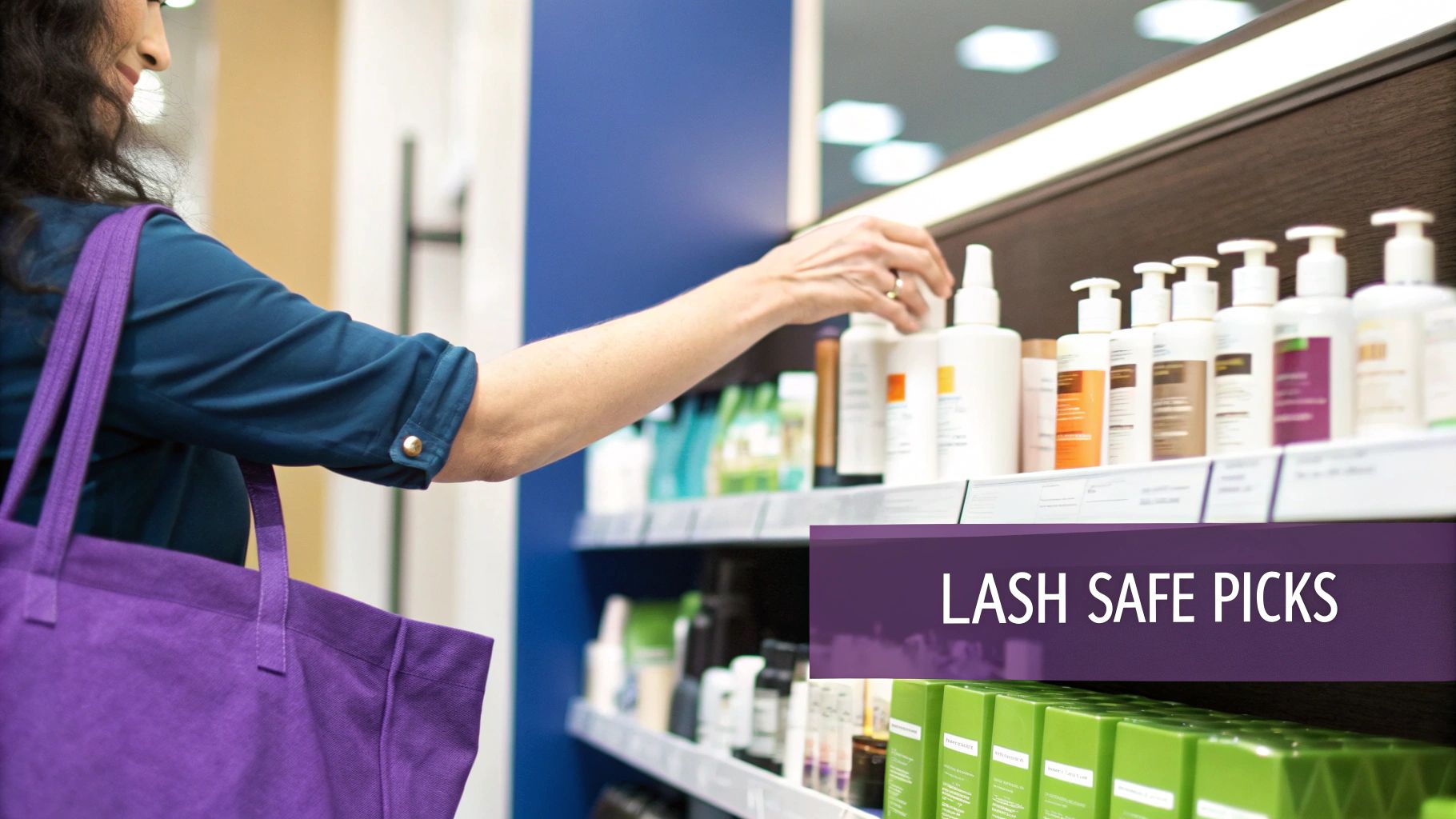 A collection of lash-safe beauty products like oil-free cleanser and mascara on a clean background.