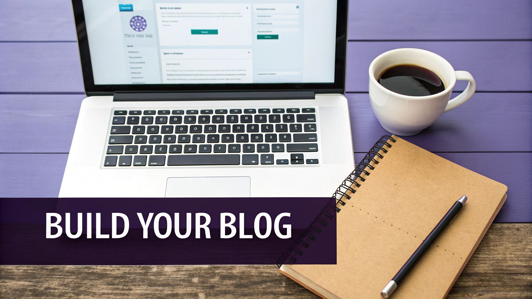 A person working on a laptop with design elements and a color palette in the background, representing blog setup.