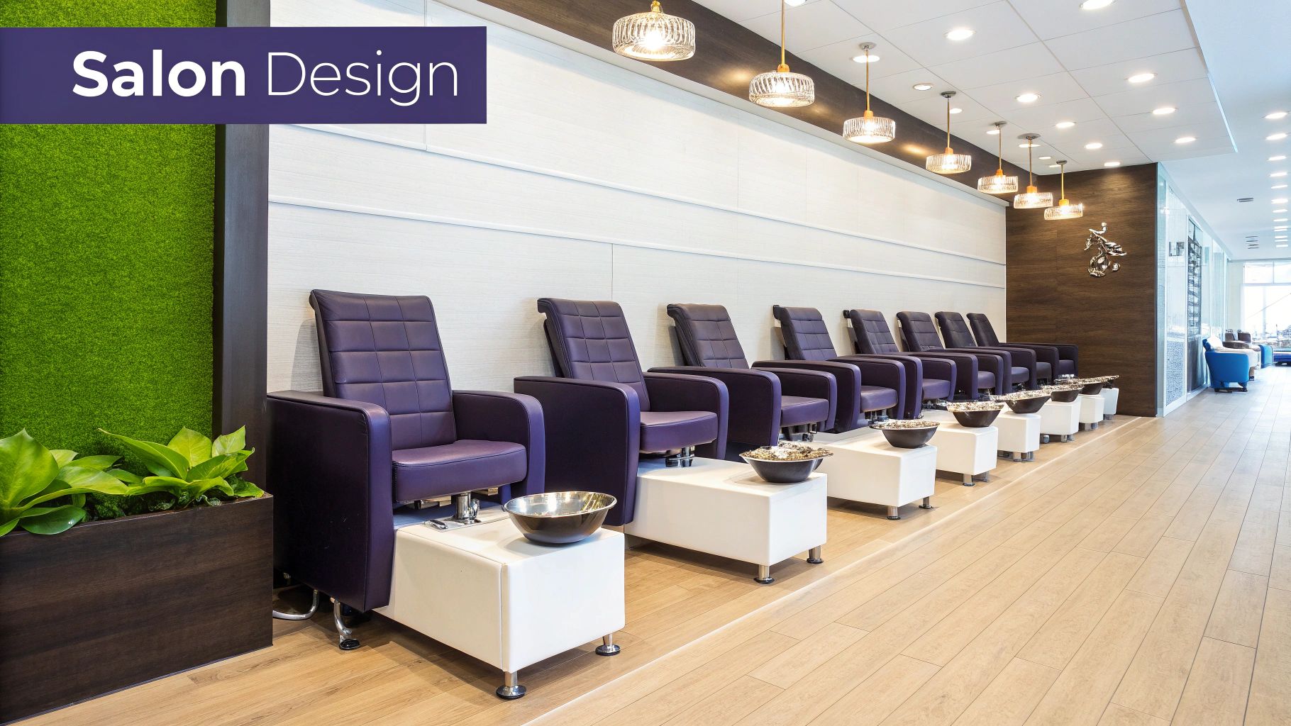 Comfortable pedicure chairs in a beautifully designed nail salon