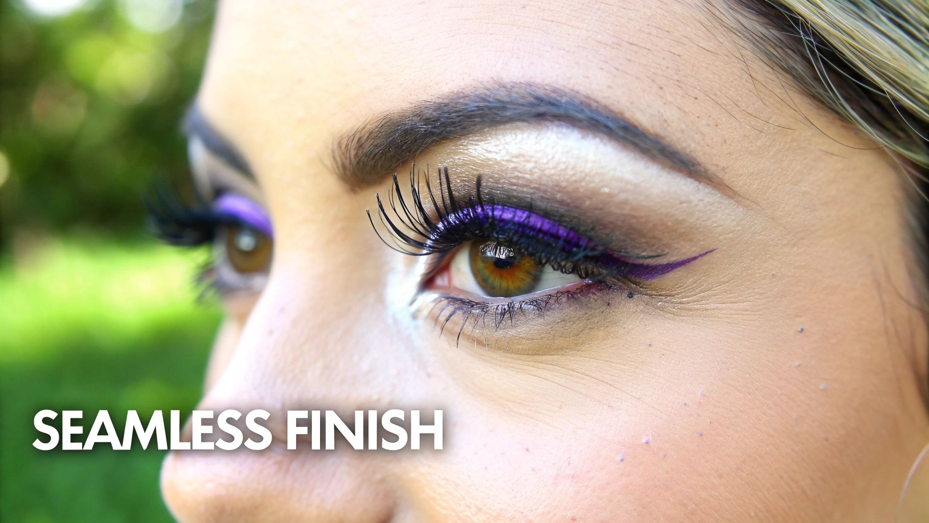 A close-up shot of an eye with perfectly blended false eyelashes and sharp eyeliner, creating a seamless and professional look.