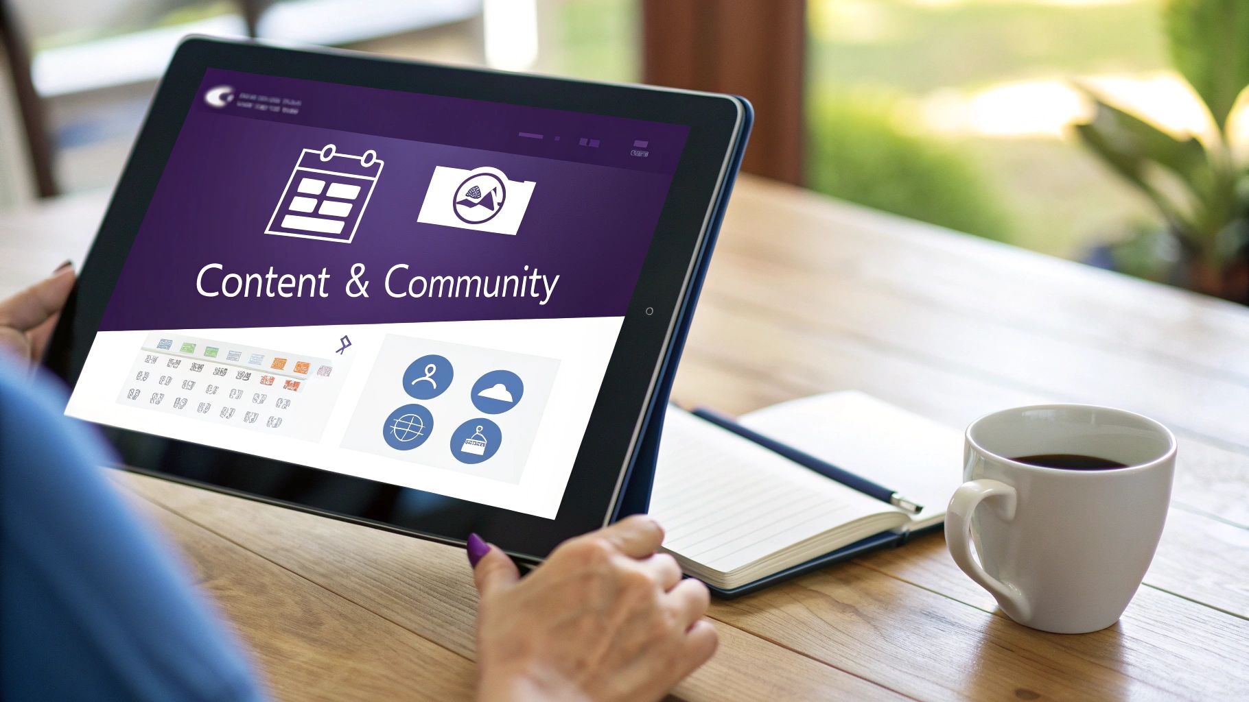 A beauty business owner planning their content calendar on a tablet.