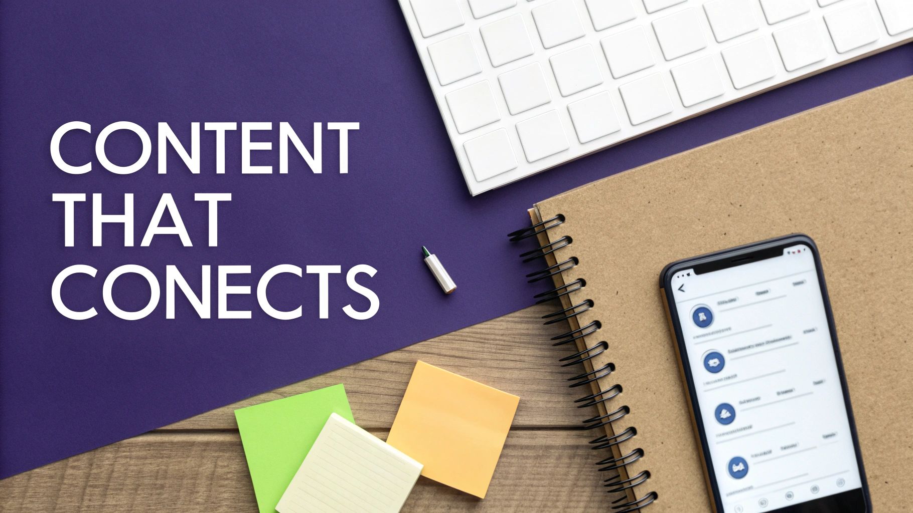 A person at a desk brainstorming content ideas with sticky notes, a laptop, and a cup of coffee.