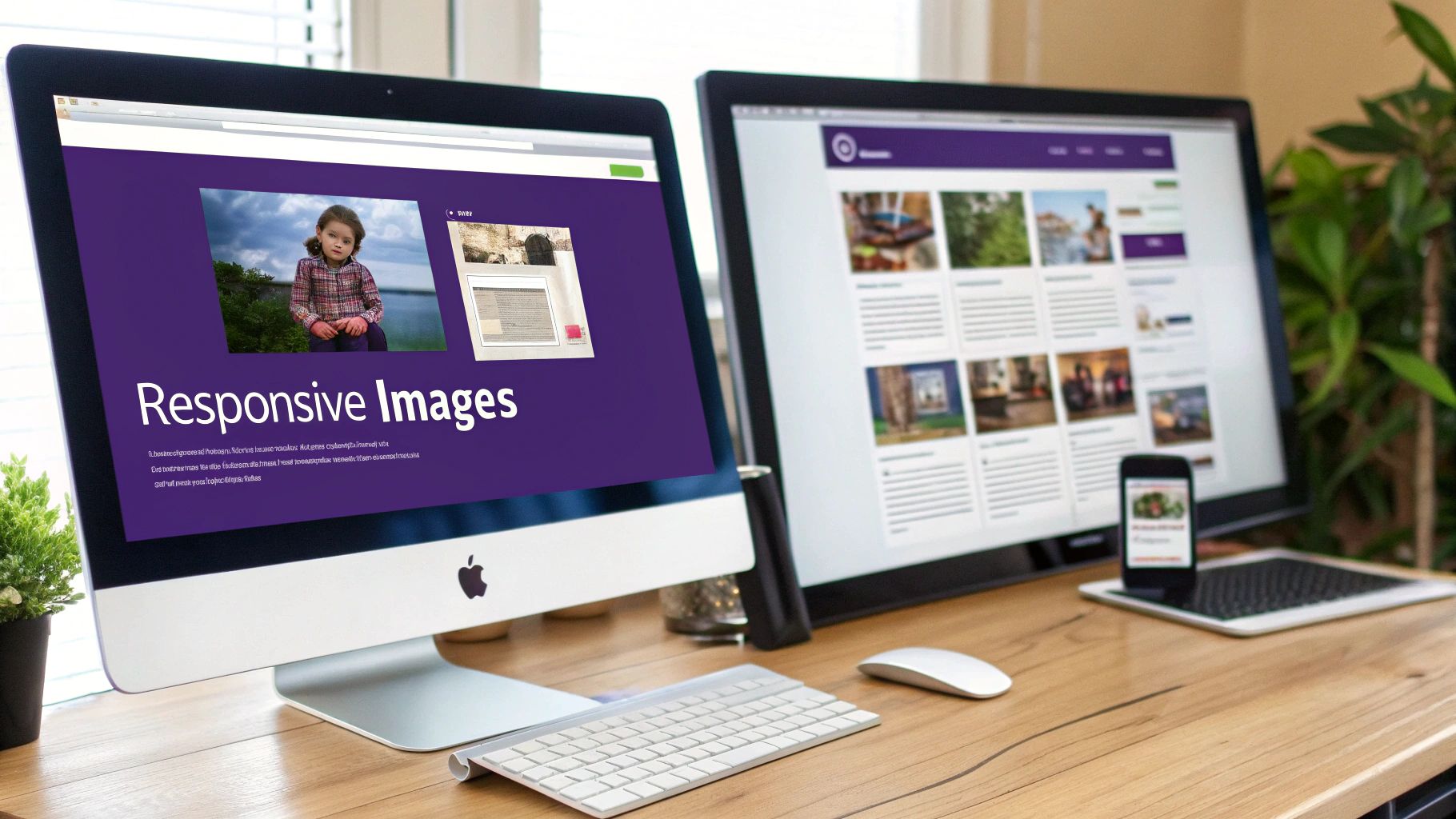 A smartphone, tablet, and laptop displaying the same website, with images perfectly sized for each screen