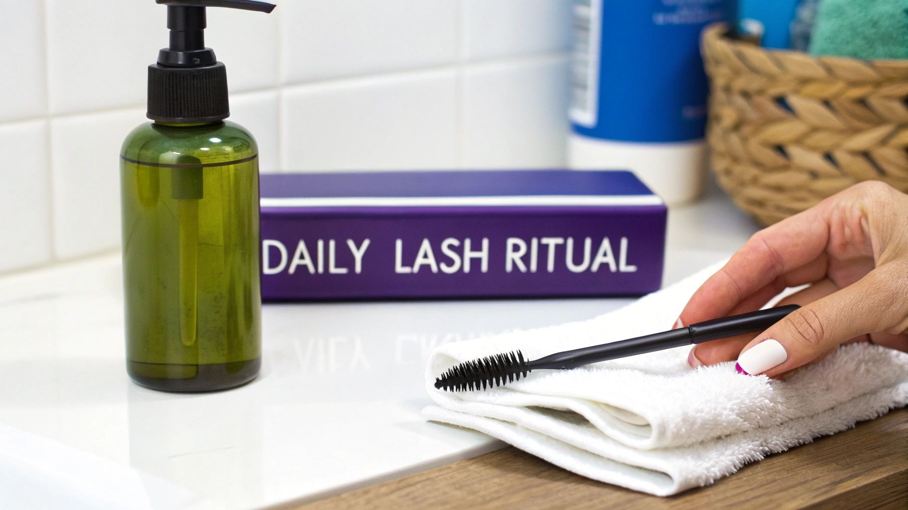 Person gently cleansing their lash extensions with a soft brush and foaming cleanser.
