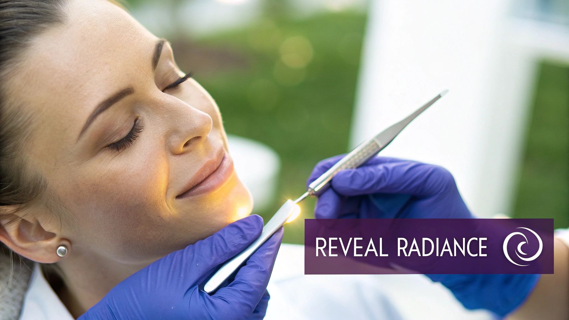 A professional performing a dermaplaning treatment on a client's cheek