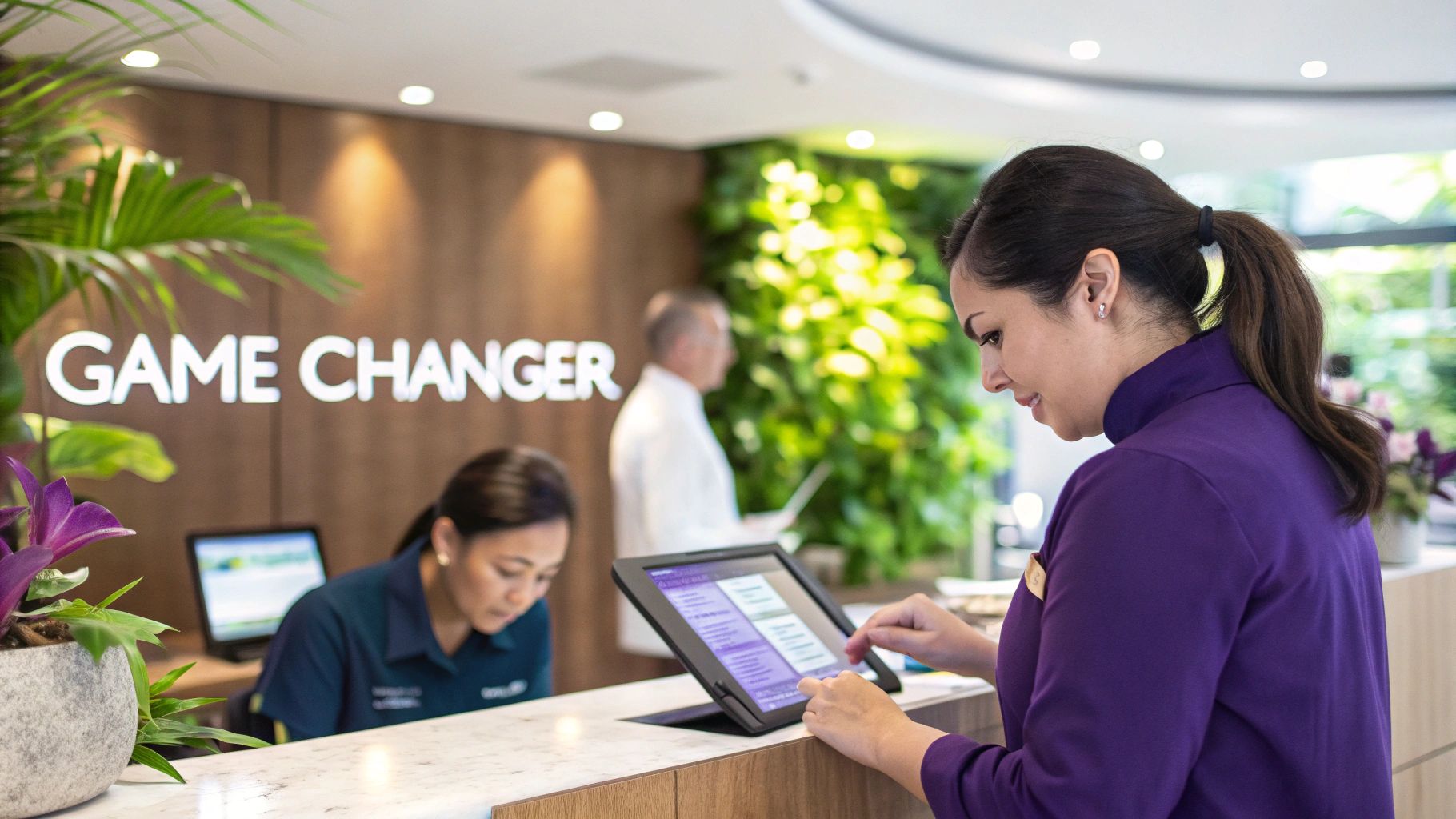 A spa professional using a tablet to manage bookings, illustrating modern spa software.