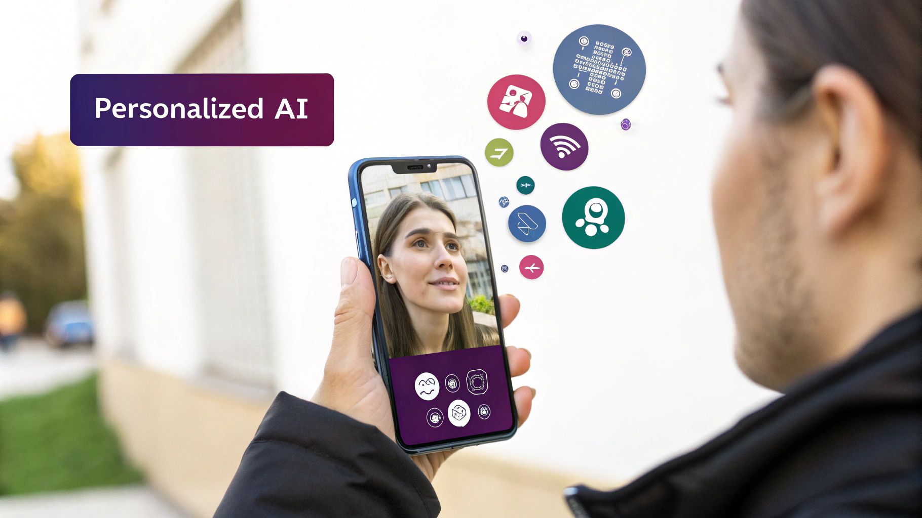 An illustration showing a smartphone with a skin analysis app scanning a woman's face, with data points and graphs overlaid, symbolizing AI in beauty.