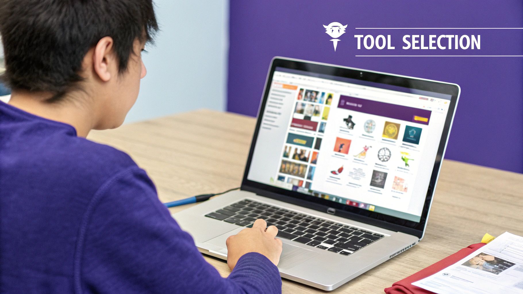 A person's hands using a graphic design tablet to create an icon, with various design elements on the screen.