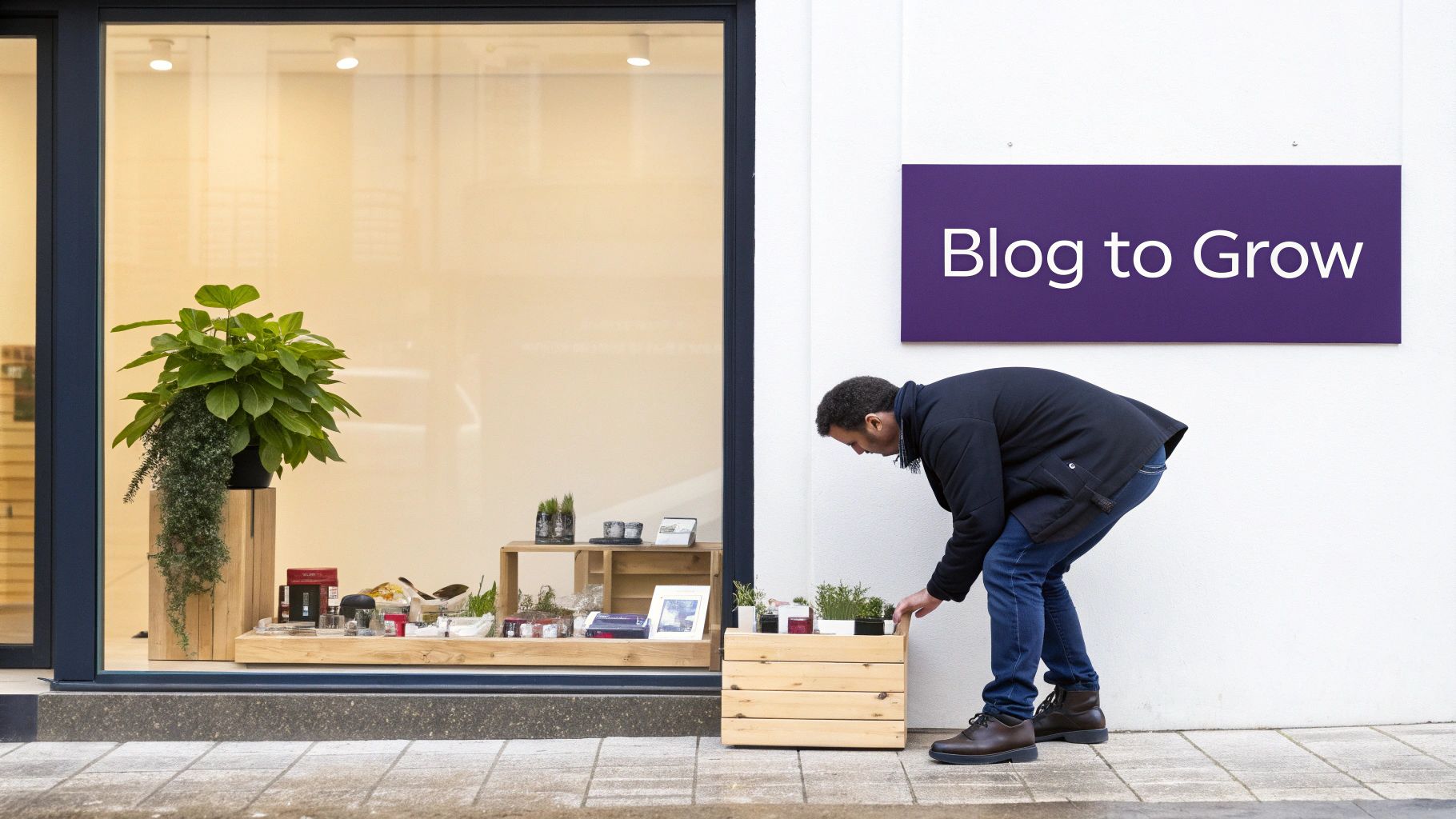 A person sitting at a desk with a laptop, planning a blog post with sticky notes on the wall.