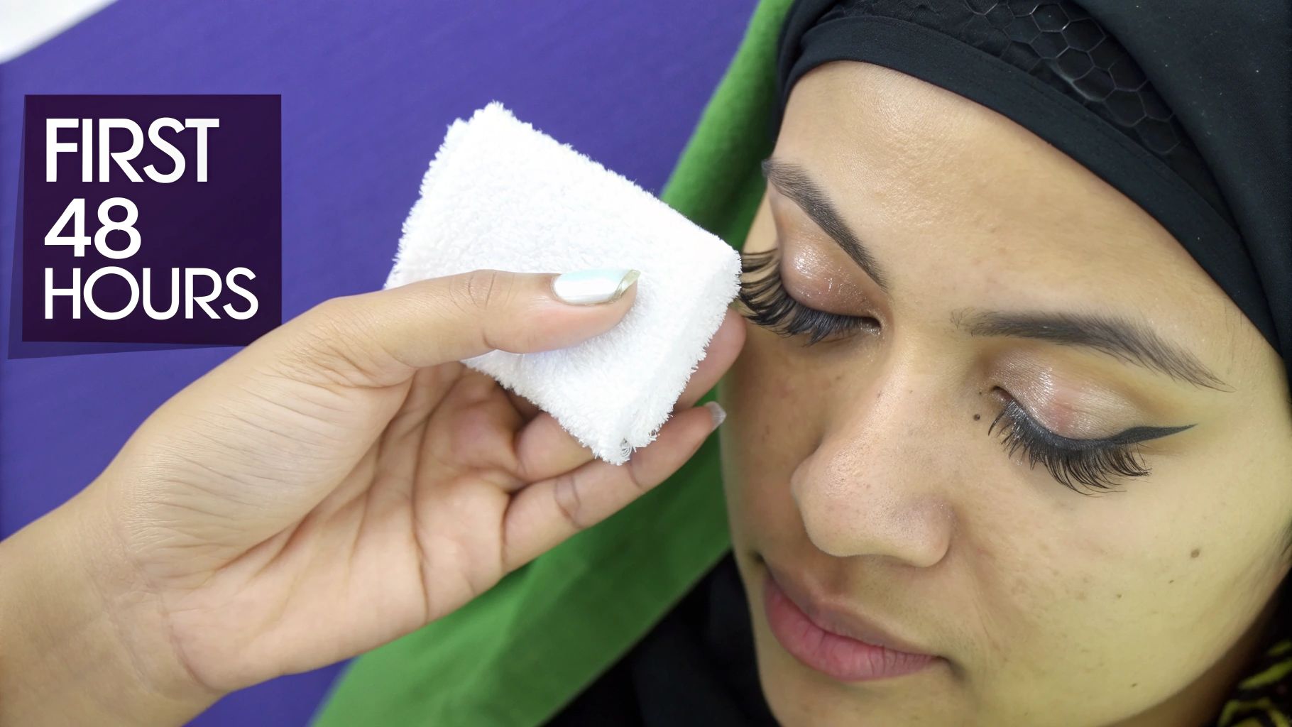 A close-up of a person's eye with long, full lash extensions