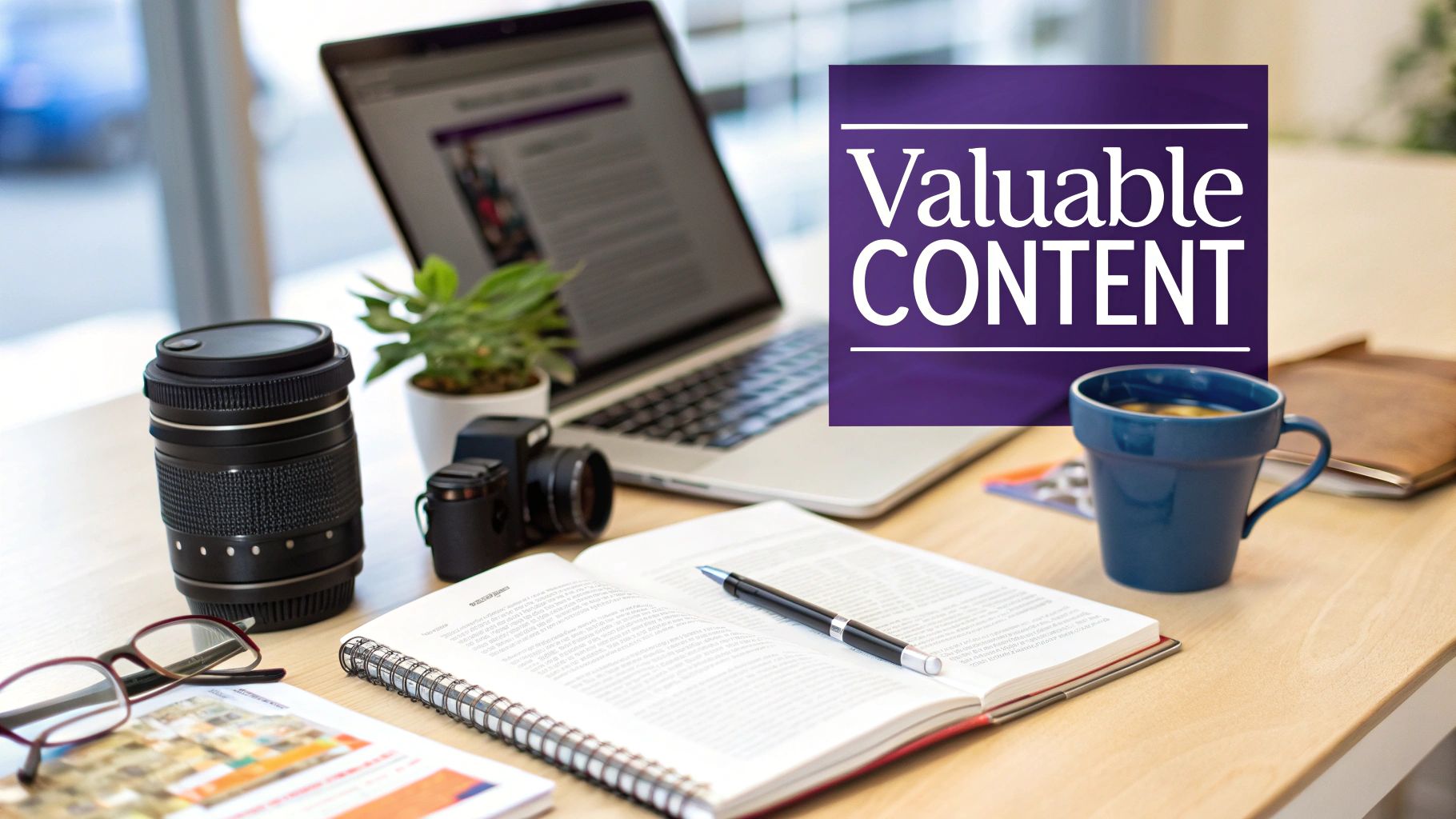 Woman brainstorming newsletter content ideas on a laptop in a bright workspace