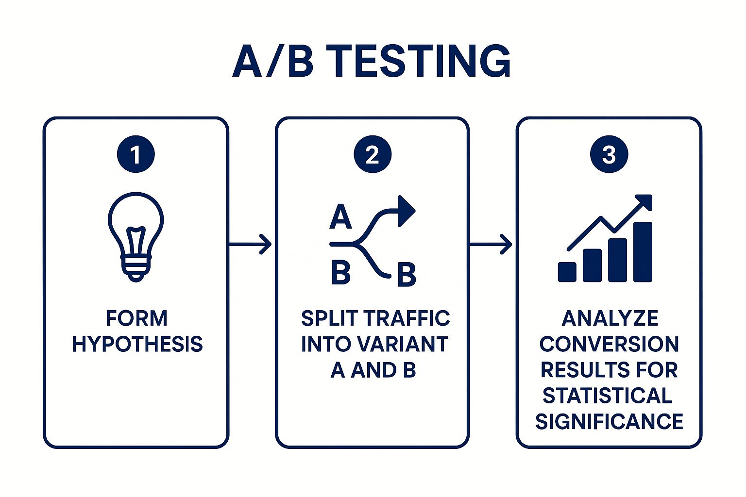 Infographic showing the three-step A/B testing process flow: Form a hypothesis, split traffic, and analyze results.