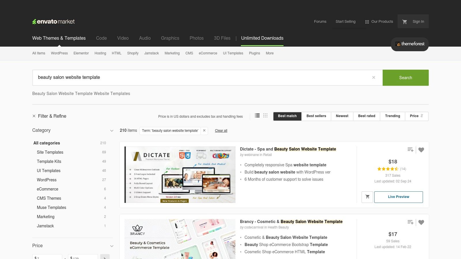 ThemeForest beauty salon website template examples
