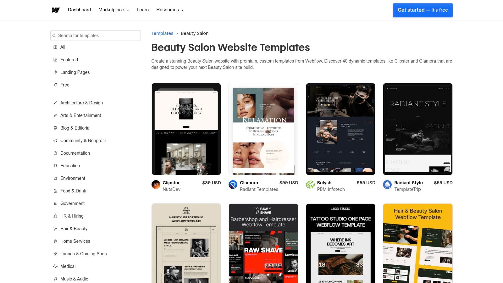 Webflow beauty salon website template examples