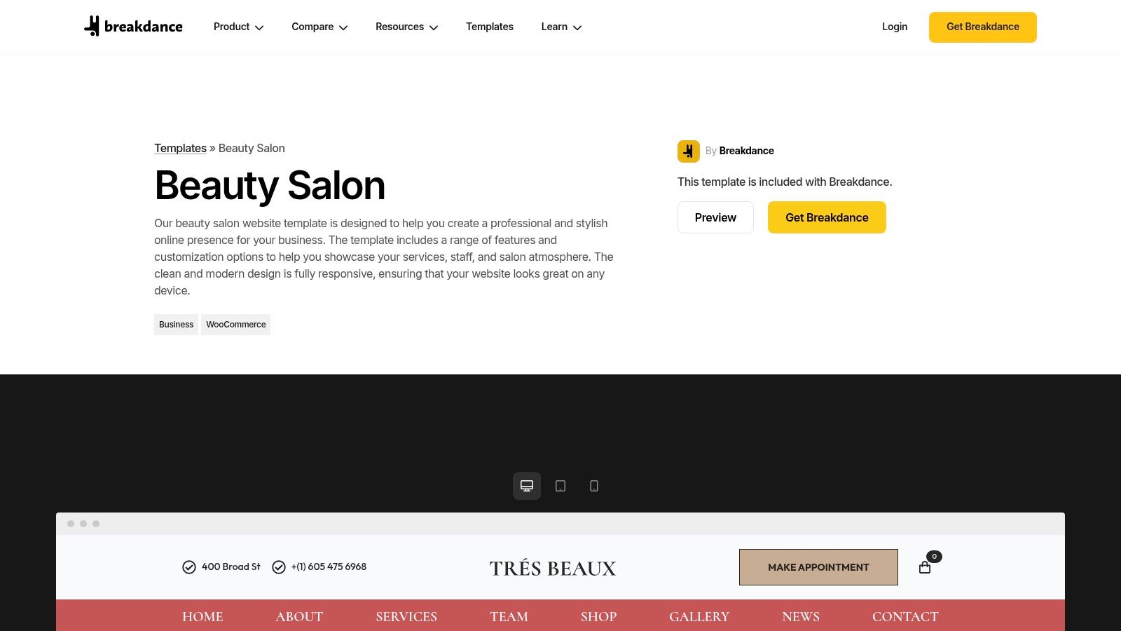 Breakdance beauty salon website template example