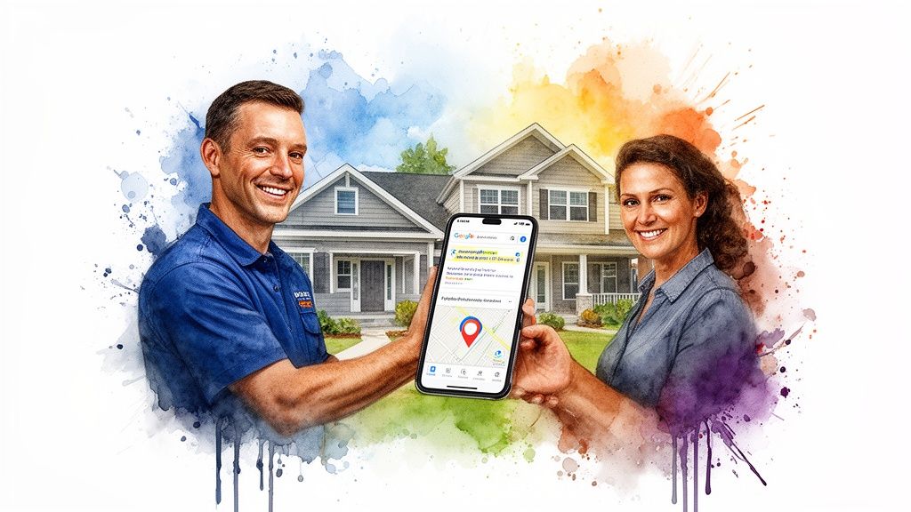 A smiling HVAC contractor and a homeowner hold a phone showing local search results for home services.