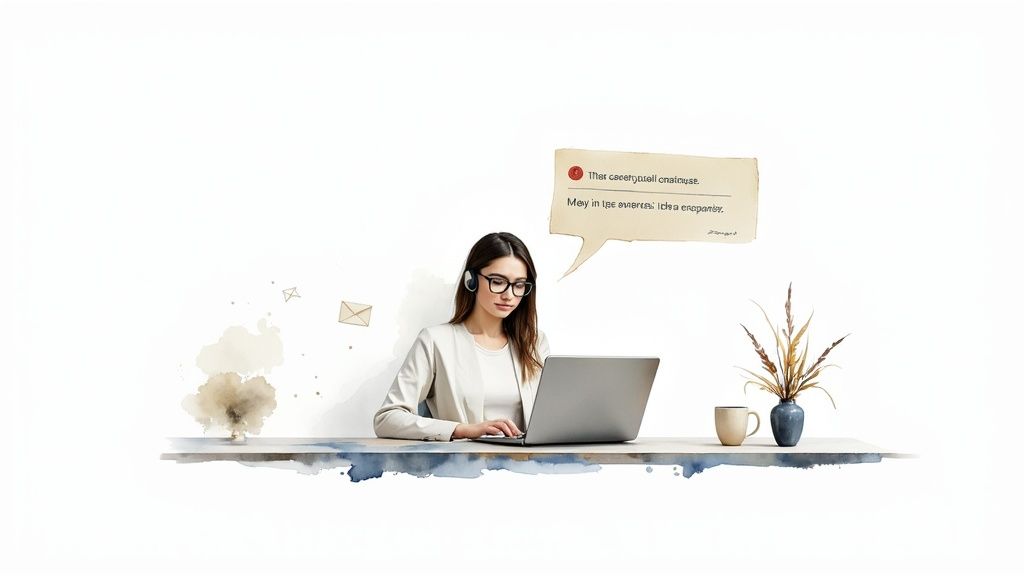 A woman wearing headphones and glasses works on a laptop at a desk with a coffee mug and vase.