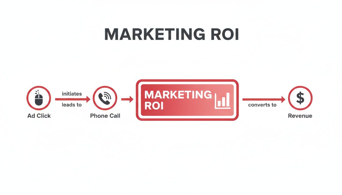 Diagram illustrating a marketing ROI process from ad click to phone call to revenue generation.