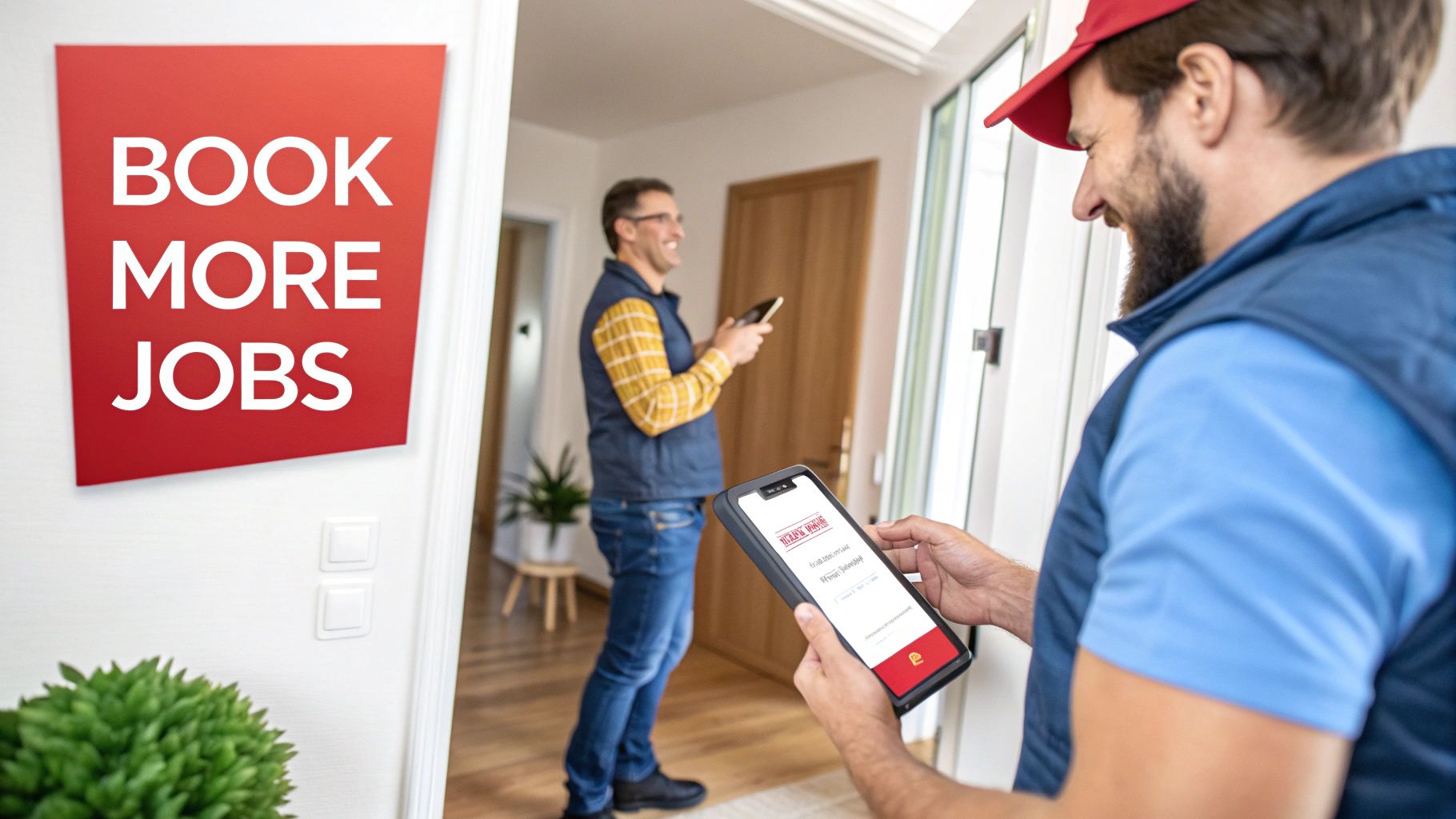 HVAC technician using mobile app to book jobs while customer waits at residential doorway
