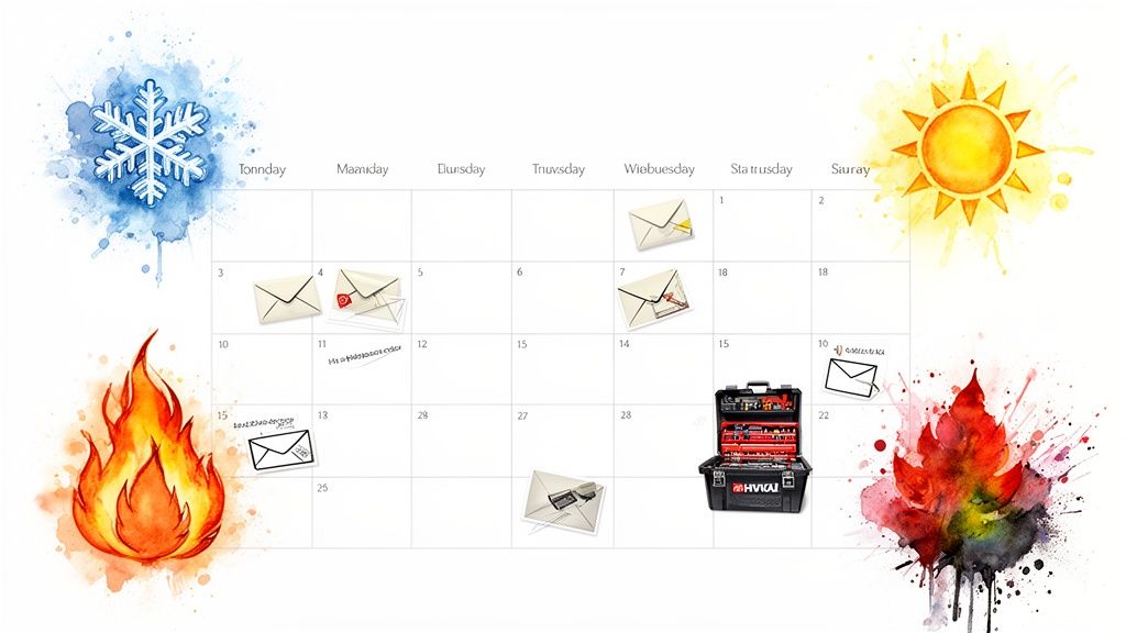 A calendar grid featuring seasonal symbols, mailed envelopes on various dates, and an HVAC toolbox.
