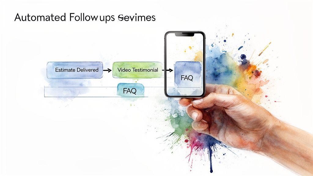 Diagram illustrating automated follow-up process: Estimate Delivered, Video Testimonial, and FAQ on a smartphone.