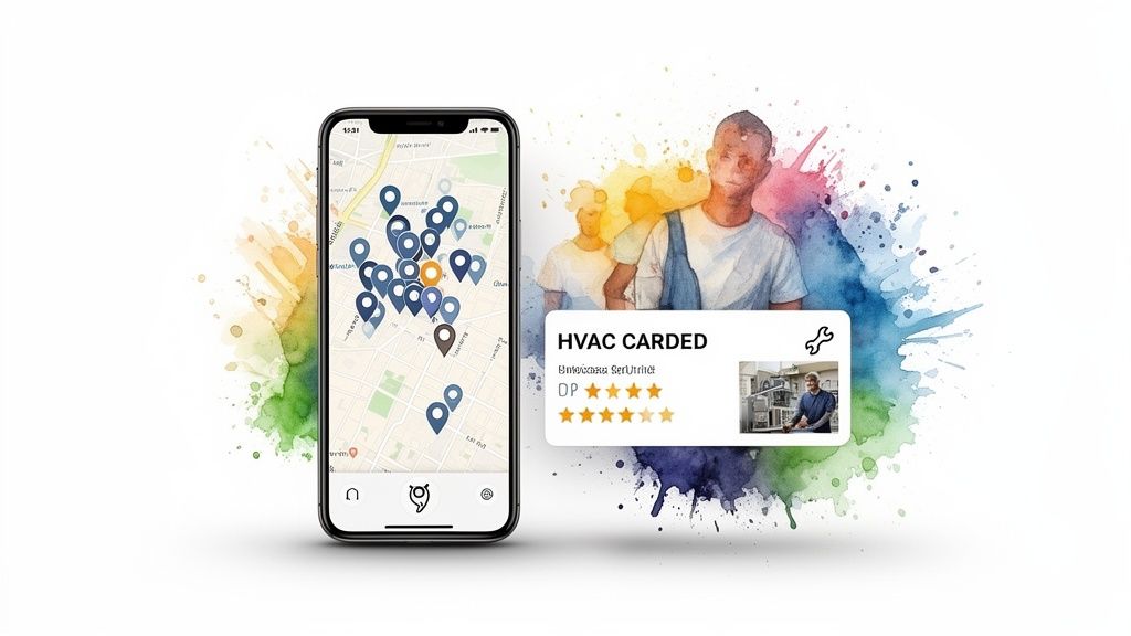 A smartphone app displaying a map with service locations and an HVAC professional's profile card.