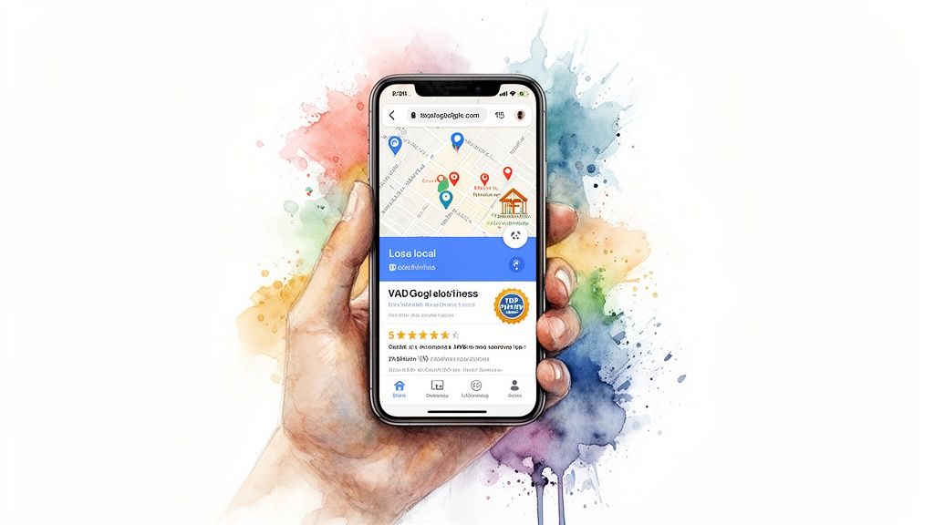 Hand holding a smartphone displaying a local business map with pins and a top-rated listing.