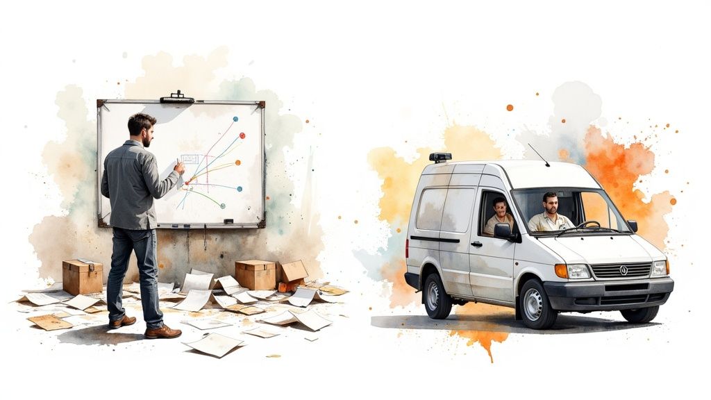 A man analyzes data on a whiteboard while two men sit in a white service van, symbolizing service operations.