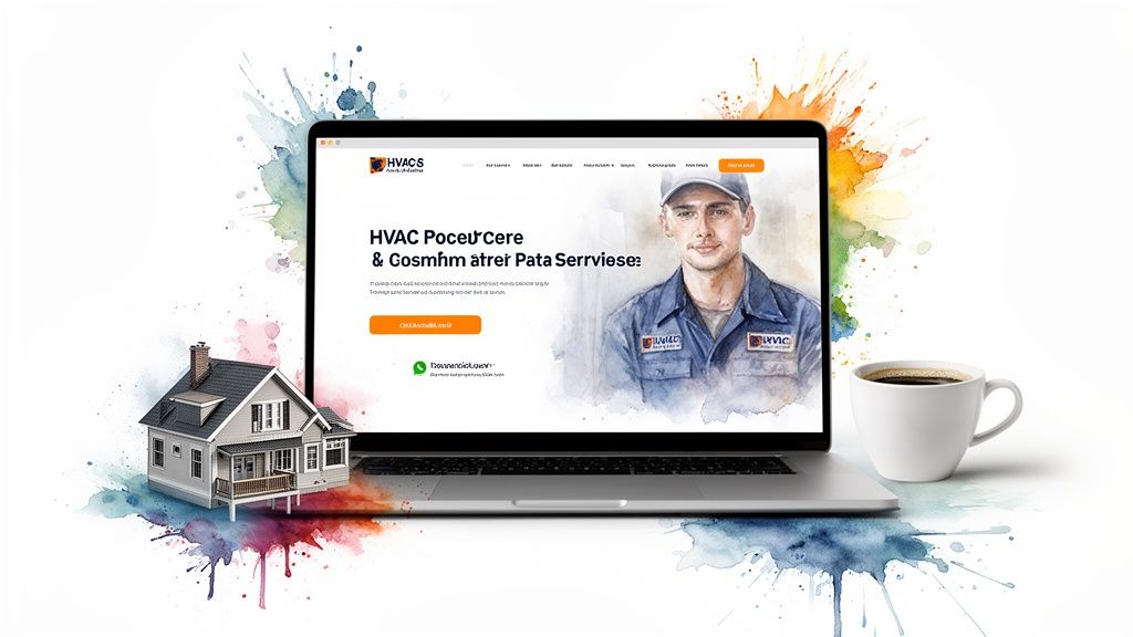 A laptop displays an HVAC service website with a technician, house model, and coffee cup amidst watercolor art.