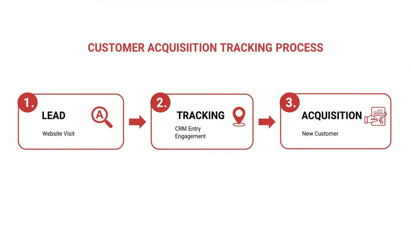 Flowchart illustrating the customer acquisition tracking process, from lead generation to new customer acquisition.