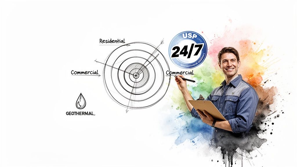 Smiling man in uniform pointing at a diagram outlining residential, commercial, and geothermal HVAC services with a 24/7 USP logo.
