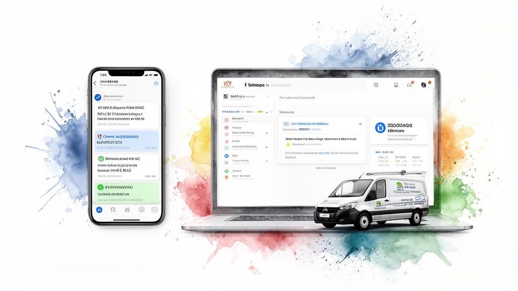 A smartphone and laptop display a digital service management platform with a white field service van.