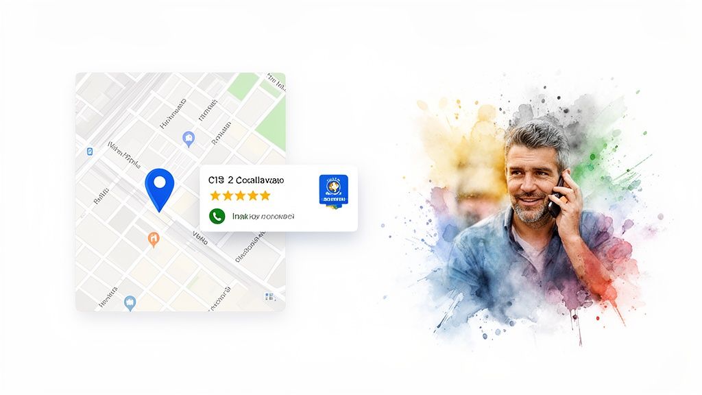 A map with a local business listing and phone icon, next to a man talking on his phone.