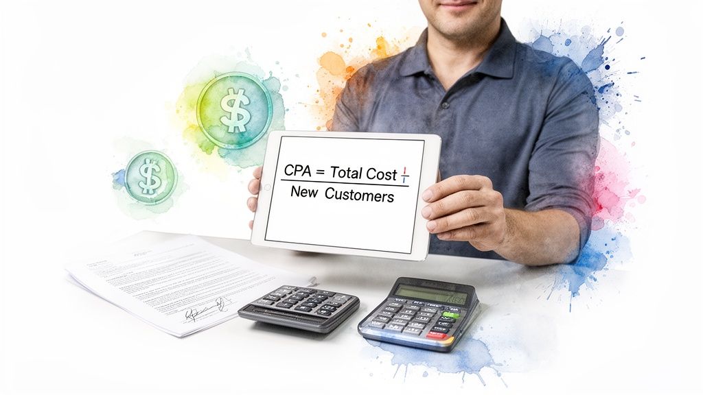 A person holds a tablet displaying CPA (Cost Per Acquisition) formula, with calculators and dollar signs.