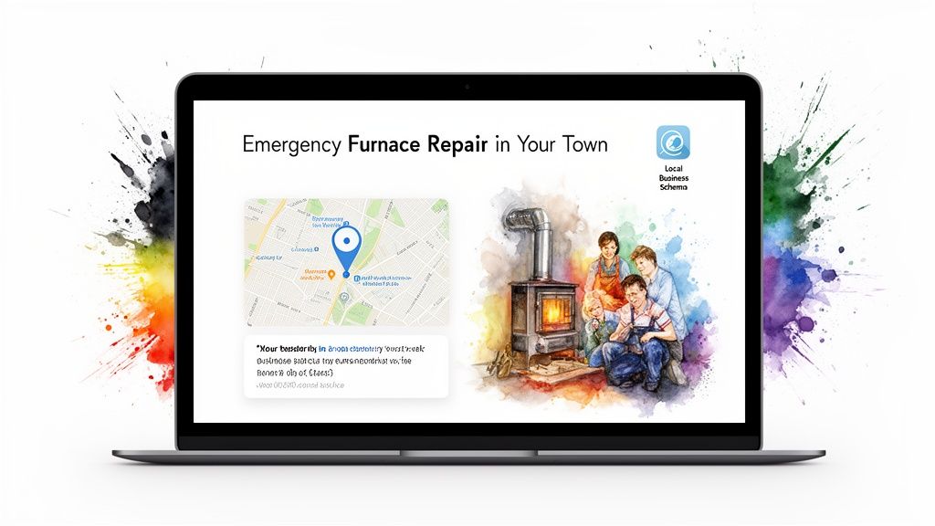 Laptop screen shows 'Emergency Furnace Repair' ad, featuring a map, family by a stove, and local business schema.