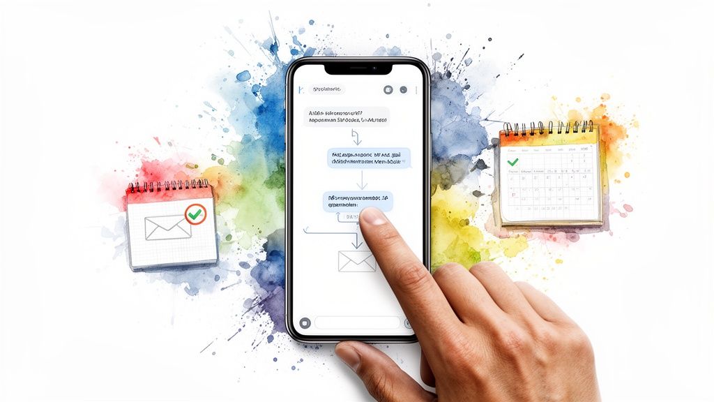 Digital communication concept with a smartphone, a hand, calendar, and email icons on a watercolor background.