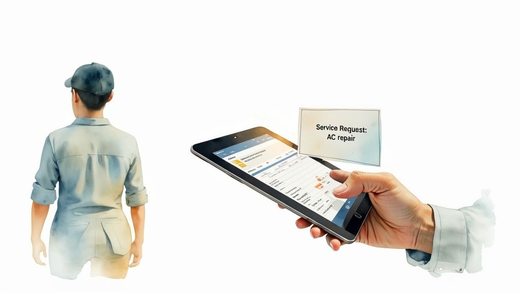 An illustrated technician looking at a tablet displaying an AC repair service request.