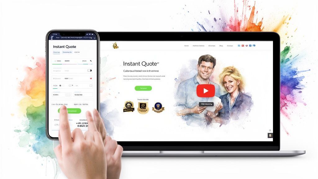 A smartphone and laptop display an 'Instant Quote' service, showcasing its mobile and desktop interface against a colorful background.