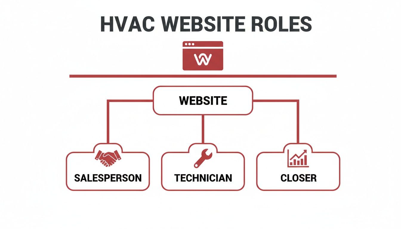 Diagram showing the HVAC website roles: salesperson, technician, and closer, with corresponding icons.