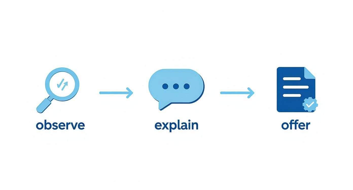 Flowchart illustrating a three-step process: observe with a magnifying glass, explain with a speech bubble, and offer with a document.