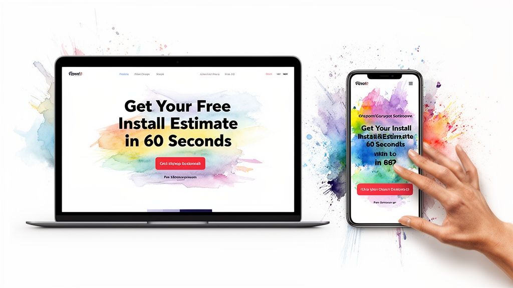 A laptop and smartphone display a website offering free installation estimates in 60 seconds, surrounded by watercolor splashes.