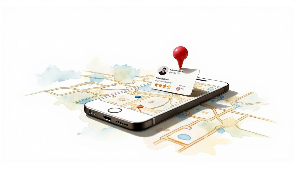 A smartphone displaying a map application with a red location pin and a business review card.