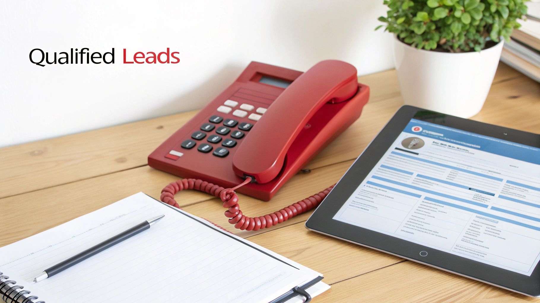 Red desk phone next to tablet displaying contact form and notepad on wooden desk for qualified leads generation
